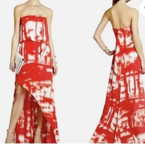 BCBGMAXAZRIA Daniella Dress Womens Size 2 Red Tie-Dye Strapless Hi-Low